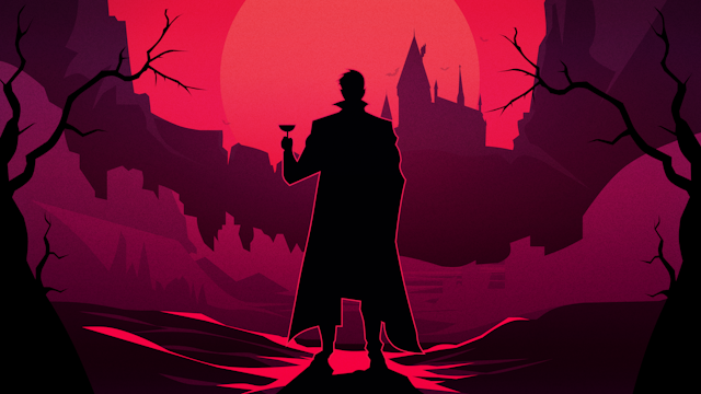 A stylized Dracula holding a goblet stands against a dramatic red moon backdrop, with a silhouette of a gothic castle in the distance.