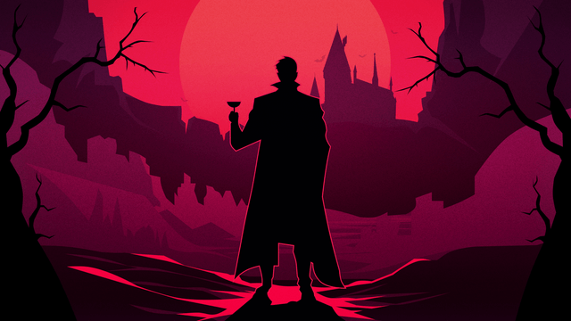 A stylized Dracula holding a goblet stands against a dramatic red moon backdrop, with a silhouette of a gothic castle in the distance.